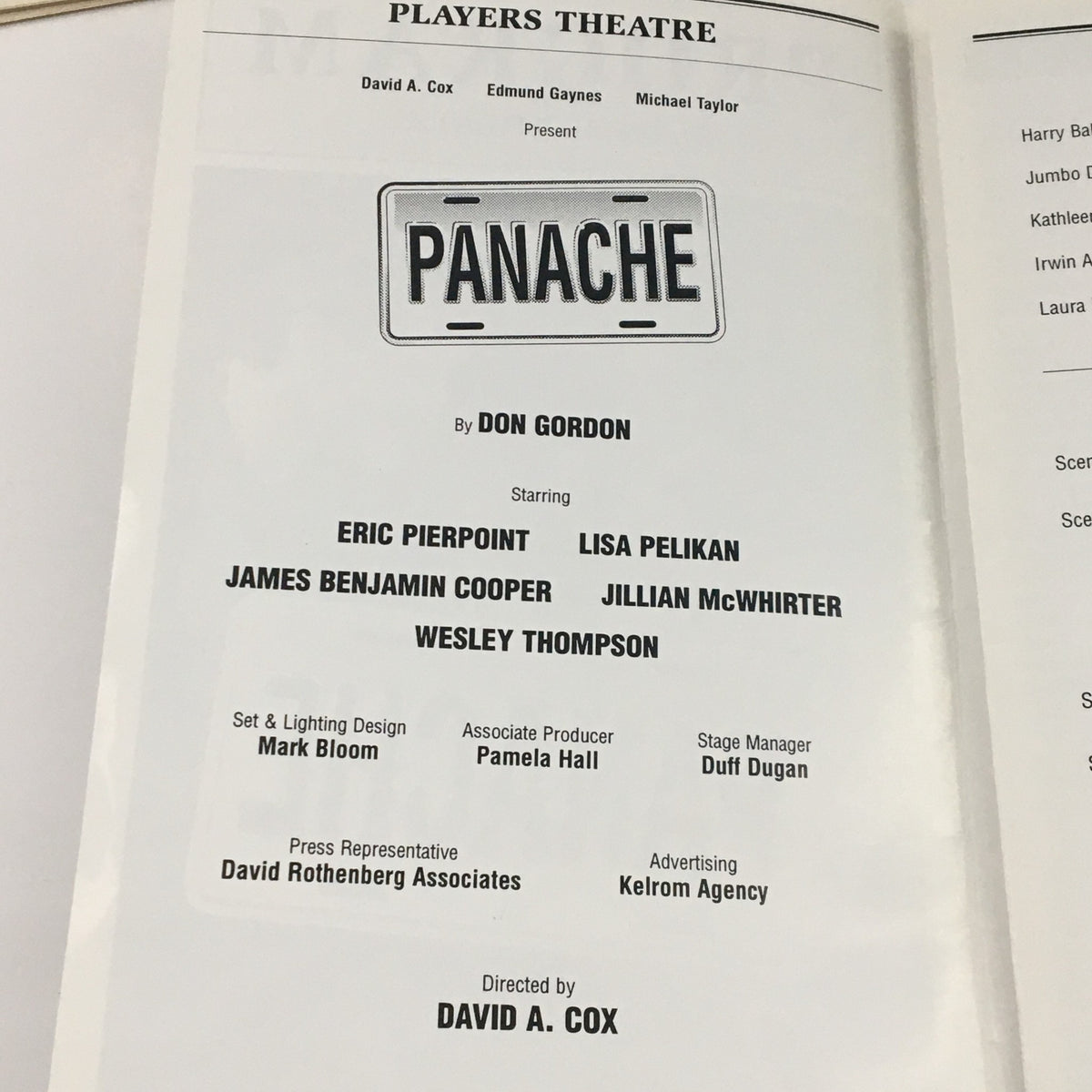 2000 Program Players Theatre David A. Cox Present Panache by Don Gordon, showcasing an inside page listing the cast and crew details, including names like Eric Pierpoint and Lisa Pelikan.