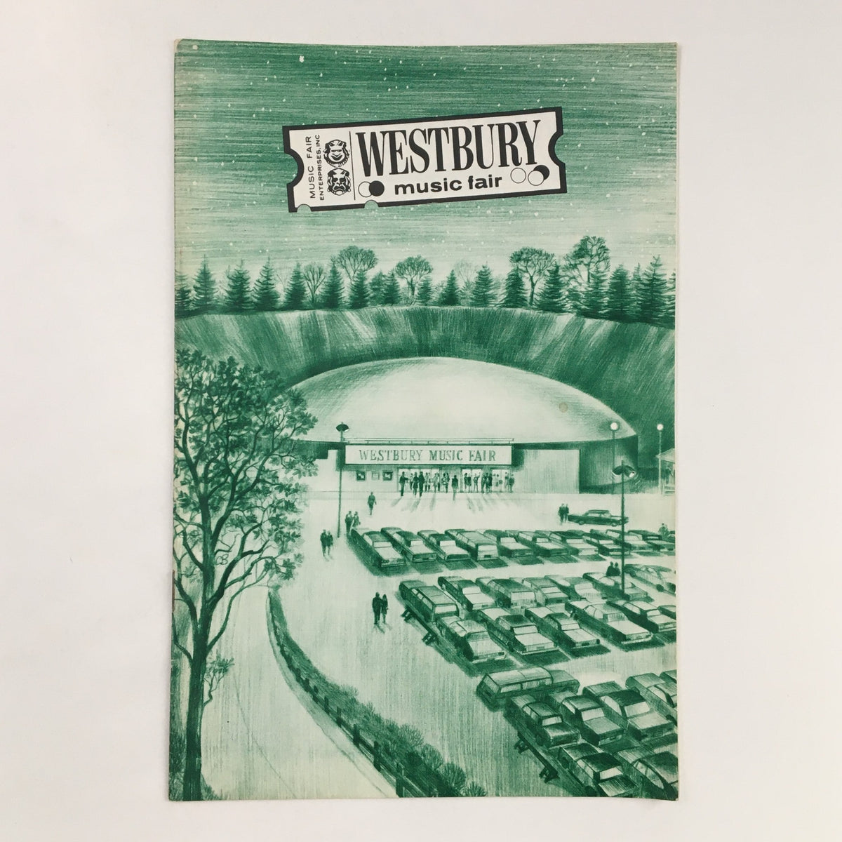 1971 Westbury Music Fair program cover featuring a scenic illustration of the venue and parked cars for the production 'Zero Mostel in Fiddler On The Roof'.