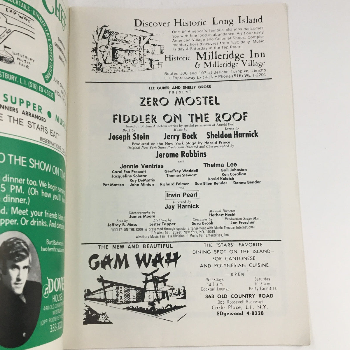 Inside page of the 1971 Westbury Music Fair program showcasing the cast of 'Fiddler On The Roof' including Zero Mostel, along with details about the show.
