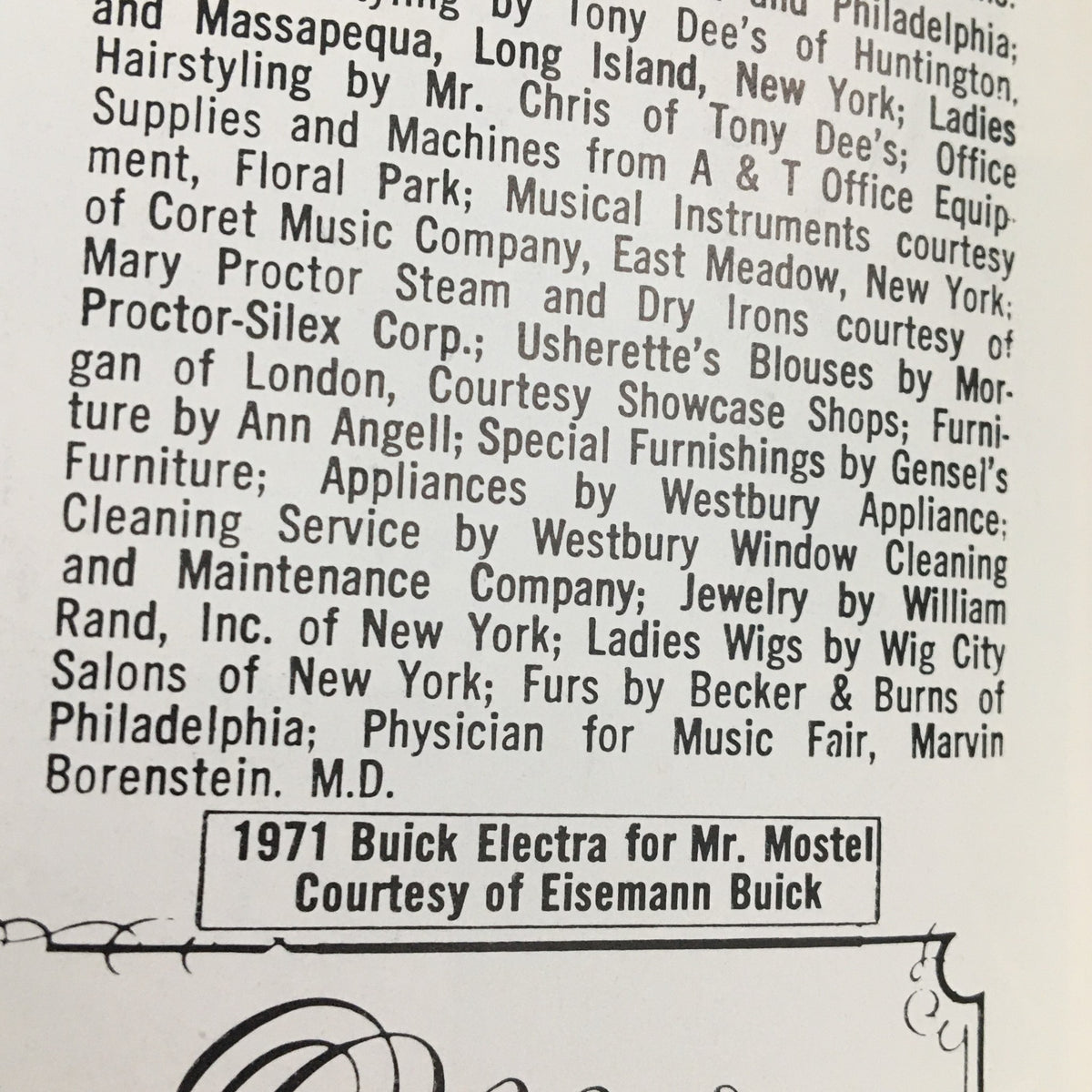 Detailed advertisement from the 1971 Westbury Music Fair program mentioning various sponsors and vendors, associated with the show 'Zero Mostel in Fiddler On The Roof'.
