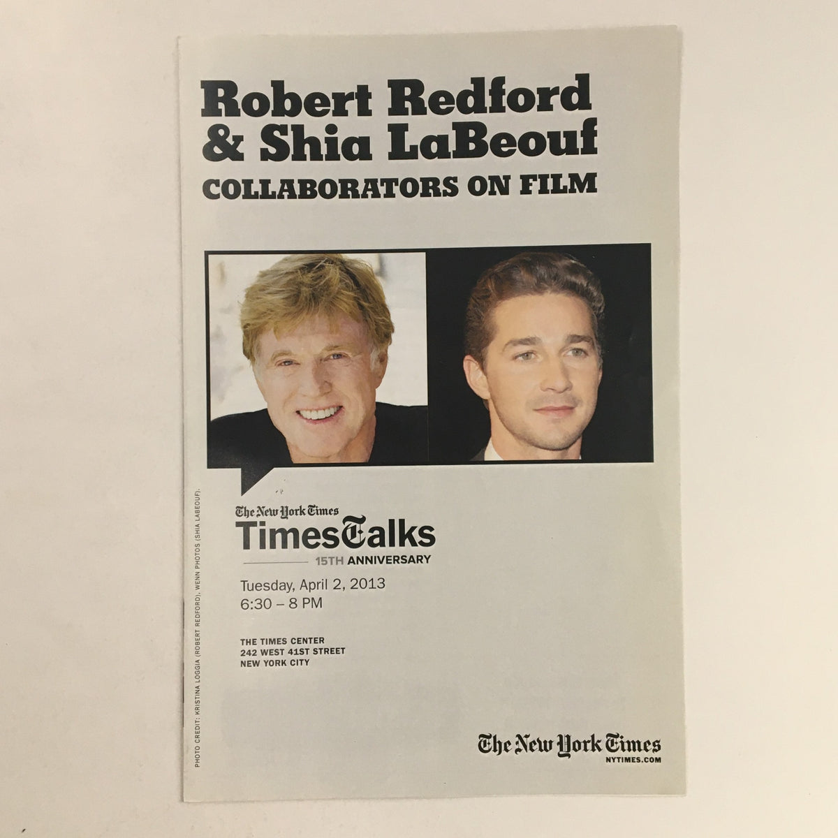 2013 The New York Times Times Talk Robert Redford & Shia LaBeouf Collaboration featuring headshots of both actors discussing their work in film.