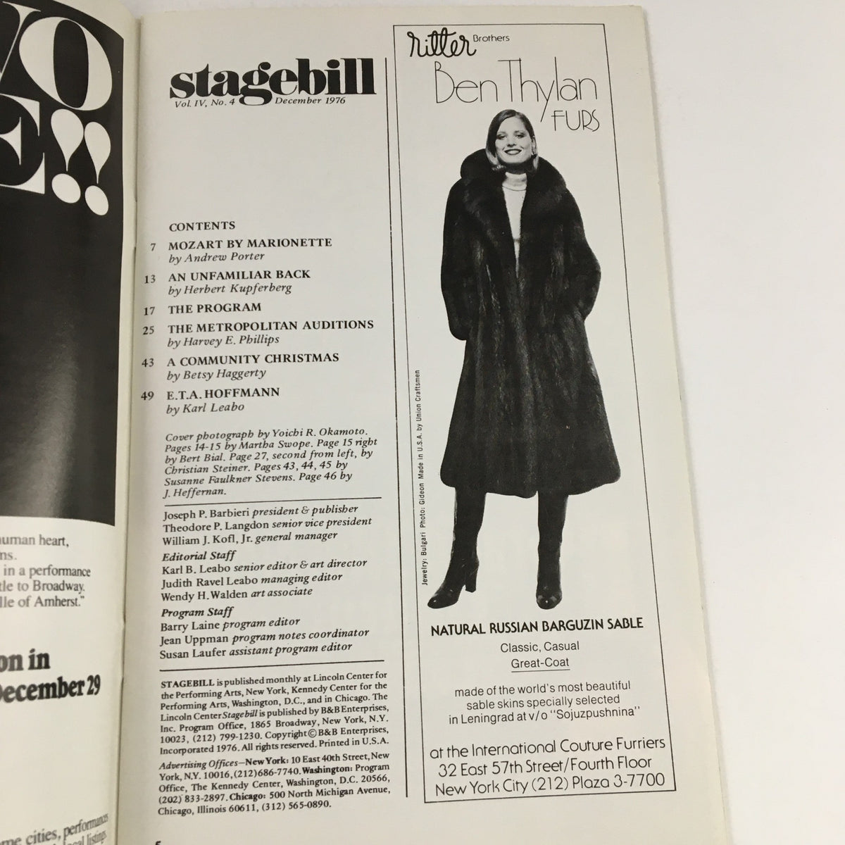 Inside page of the 1976 Stagebill Lincoln Center Theatre, showcasing an advertisement and contents related to Mozart by Marionette.