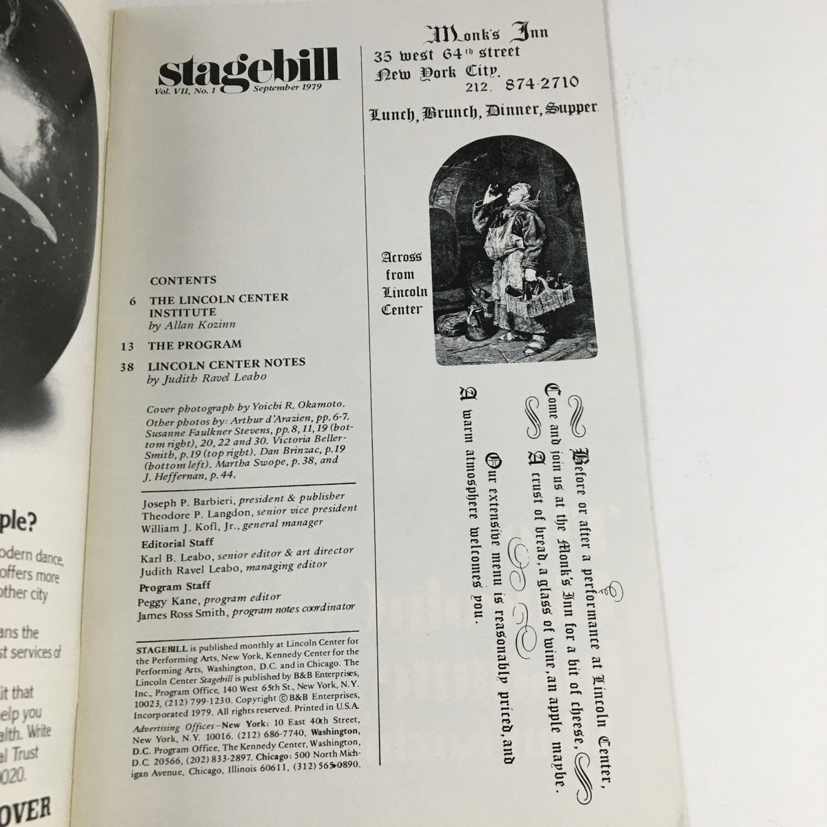 1979 Stagebill from Lincoln Center Performing Arts featuring content details, including a program for Figaro Act 3, with a menu from Monks Inn, showcasing the cultural events of the time.