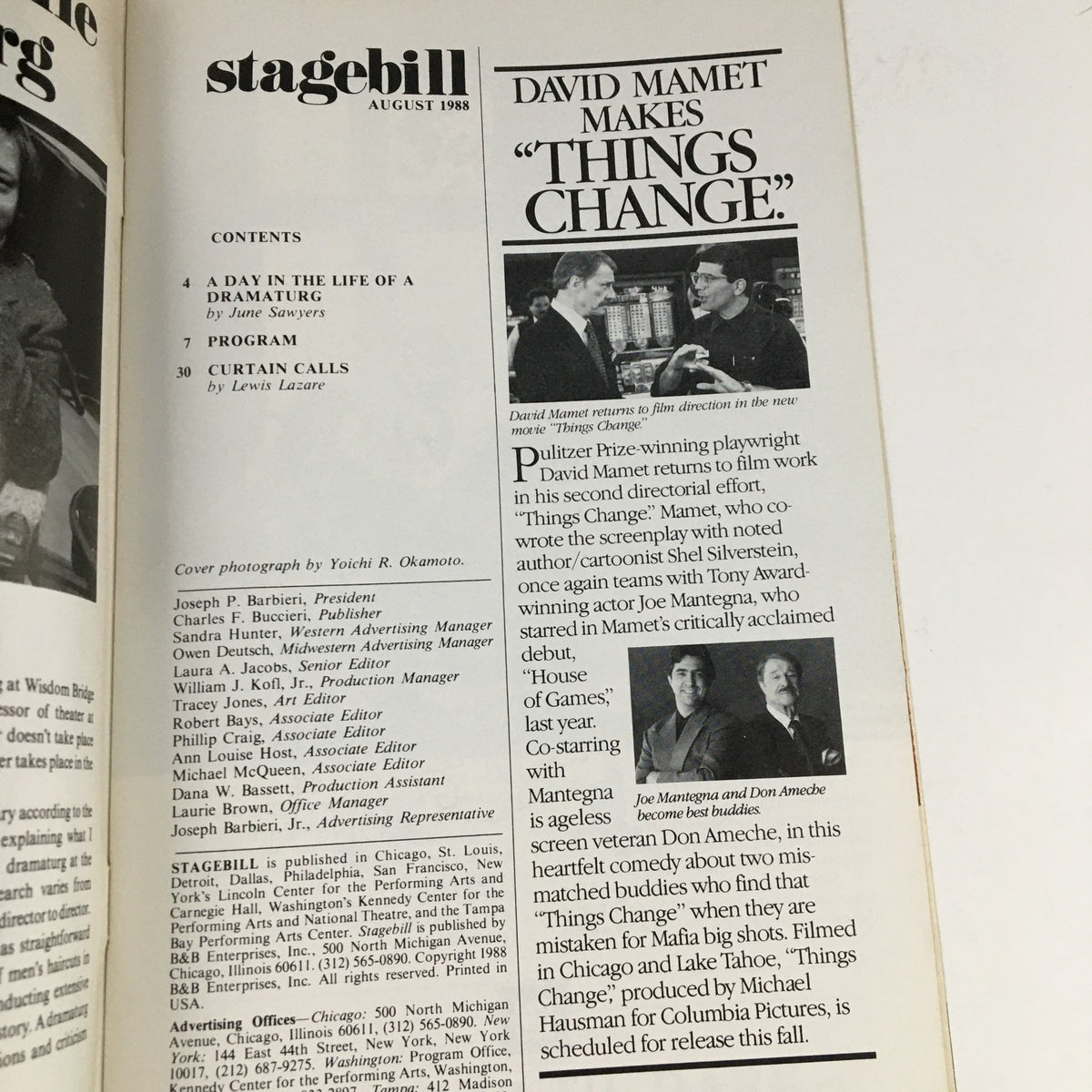 Interior page of the 1988 Stagebill featuring an article about David Mamet and his film 'Things Change,' part of the Curtain Calls section by L. Lazare.