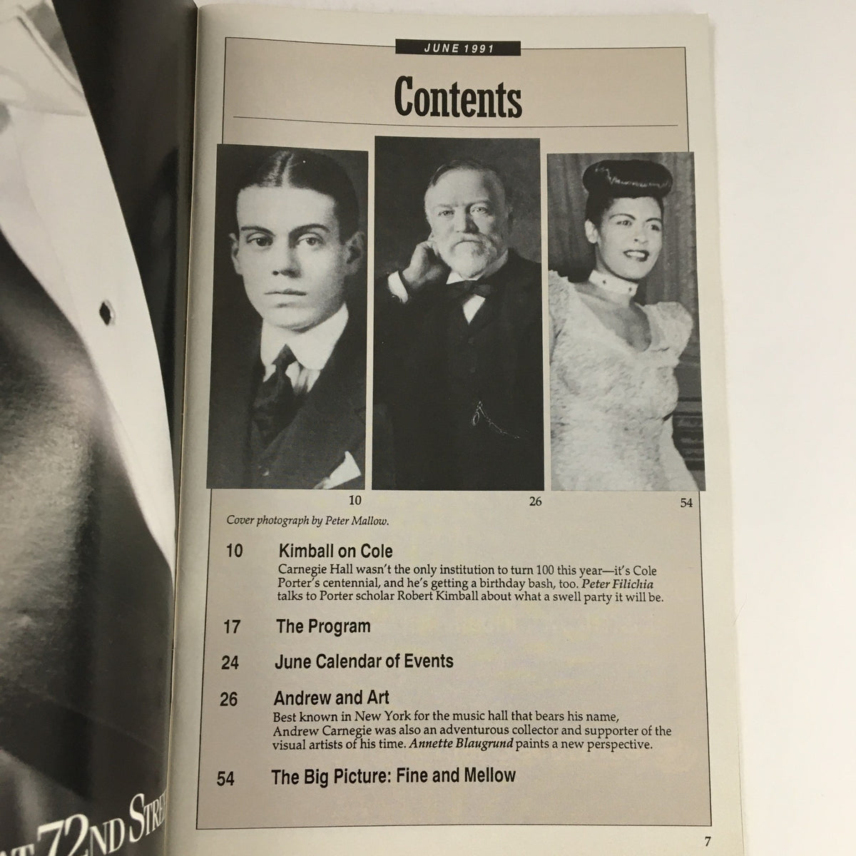 Inside page of the June 1991 Stagebill for Carnegie Hall showcasing the table of contents, including sections on Kimball on Cole, Andrew and Art, and 'The Big Picture: Fine and Mellow'.