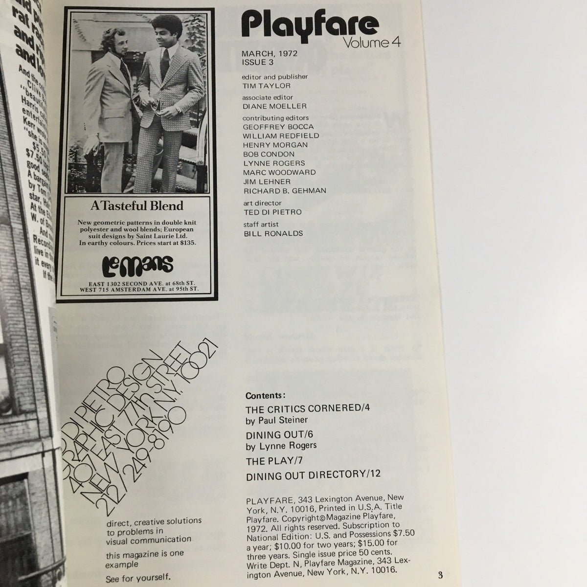 Interior page of the 1972 Playfare magazine, Volume 4, Issue 3, with contents including a column titled 'The Critics Cornered' and an article about dining out.