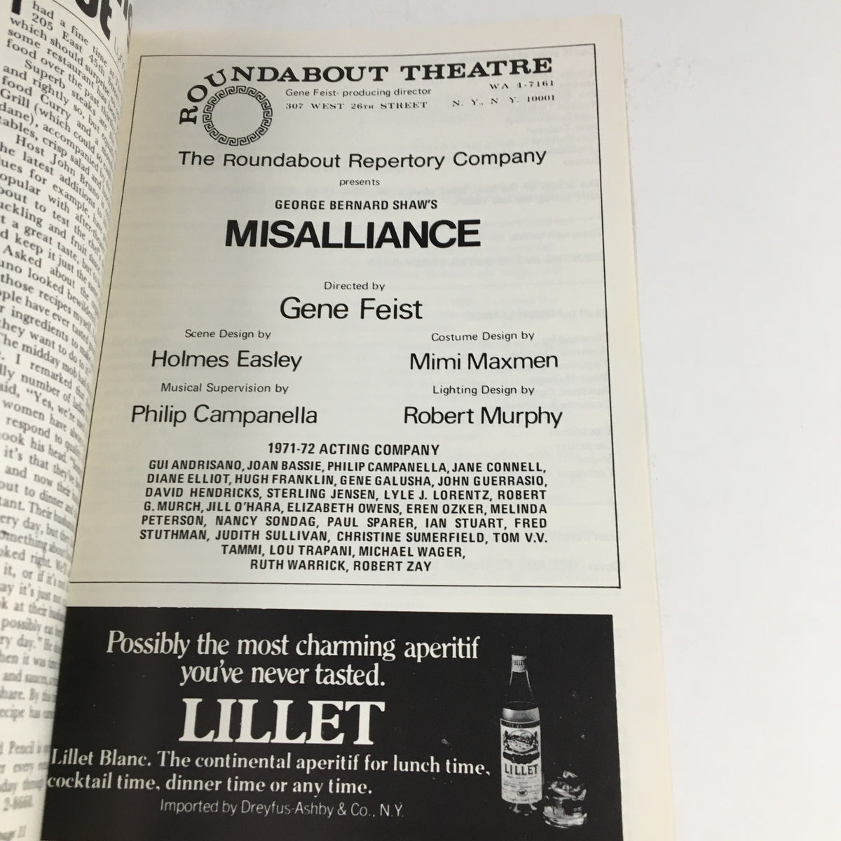 Another interior page of the 1972 Playfare magazine highlighting the Roundabout Theatre Company production of George Bernard Shaw's Misalliance, featuring design credits and cast members.