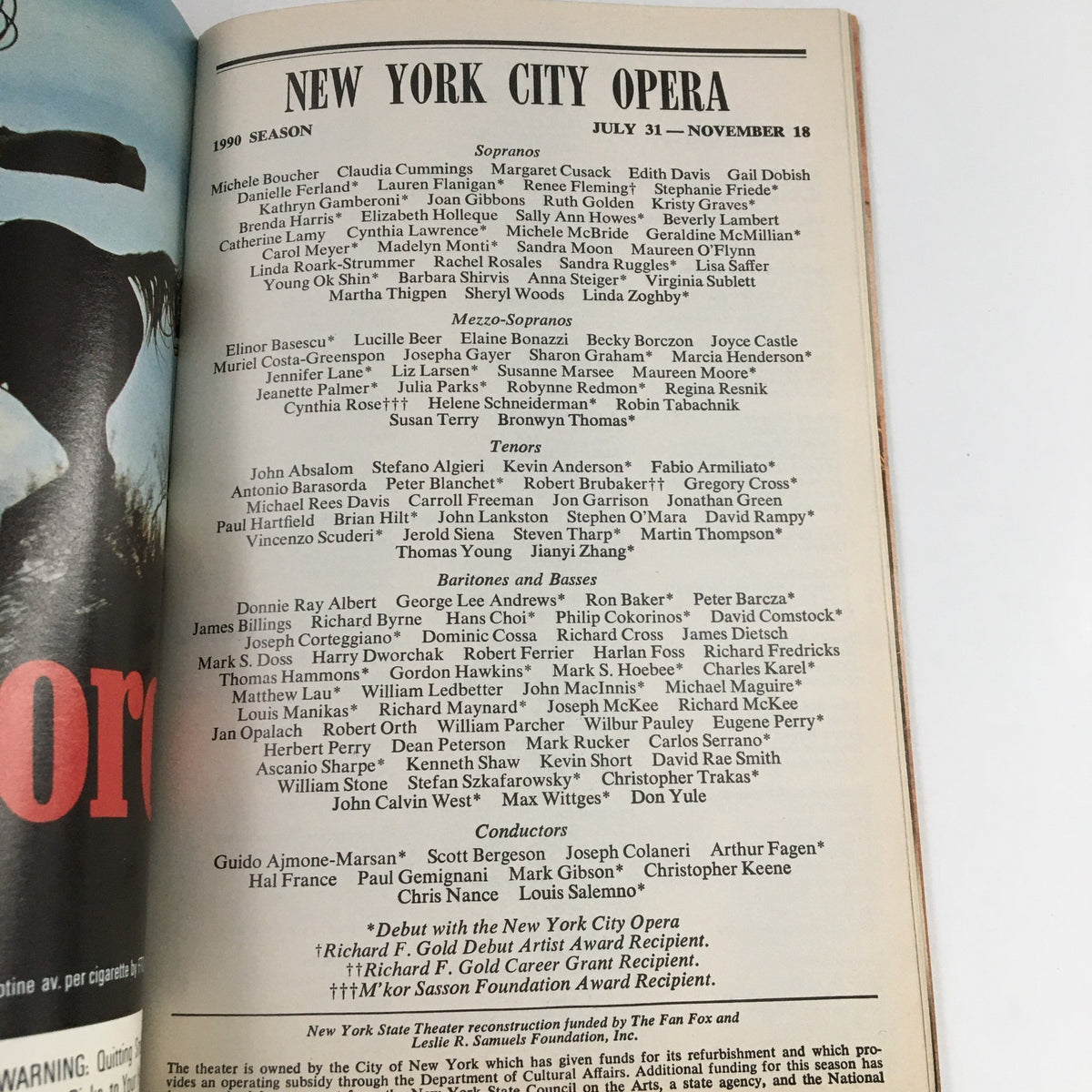 Inside page of the 1990 Season New York City Opera brochure showcasing the performance schedule and cast information.