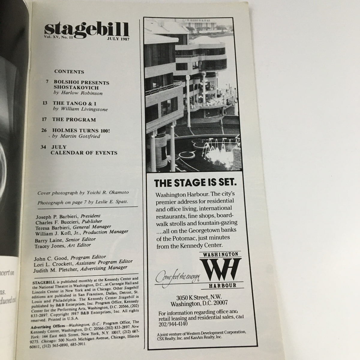 Inside page of the 1987 Stagebill for 'The Tango & I by W Livingstone', displaying the contents and advertisements related to performances at The John F. Kennedy Center.