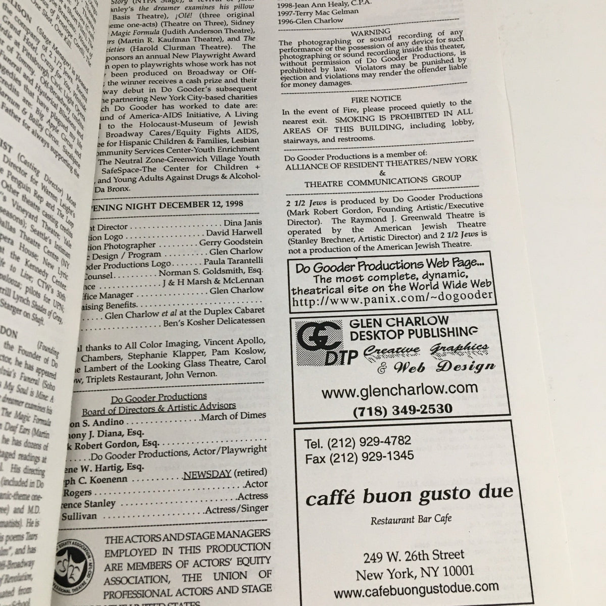 Page from the 1996 program for DG Gooder Productions' '2 1/2 Jews' at Raymond J. Greenwald Theatre, featuring information about the cast and production details.