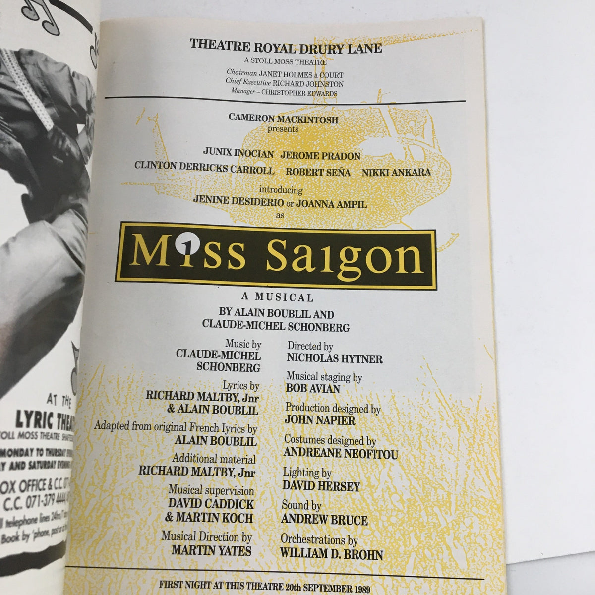 Inside page of the 1989 Theatre Royal Drury Lane Cameron Mackintosh presentation of Miss Saigon, including cast details and creative team information.