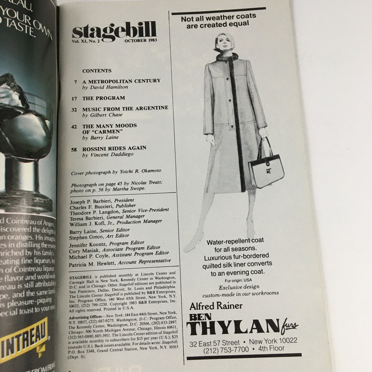 1983 Stagebill for Lincoln Center Performing Arts featuring content highlights including 'A Metropolitan Century', 'The Program', and 'The Many Moods of Carmen'. The magazine showcases an advertisement for a water-repellent coat, emphasizing luxury and style.