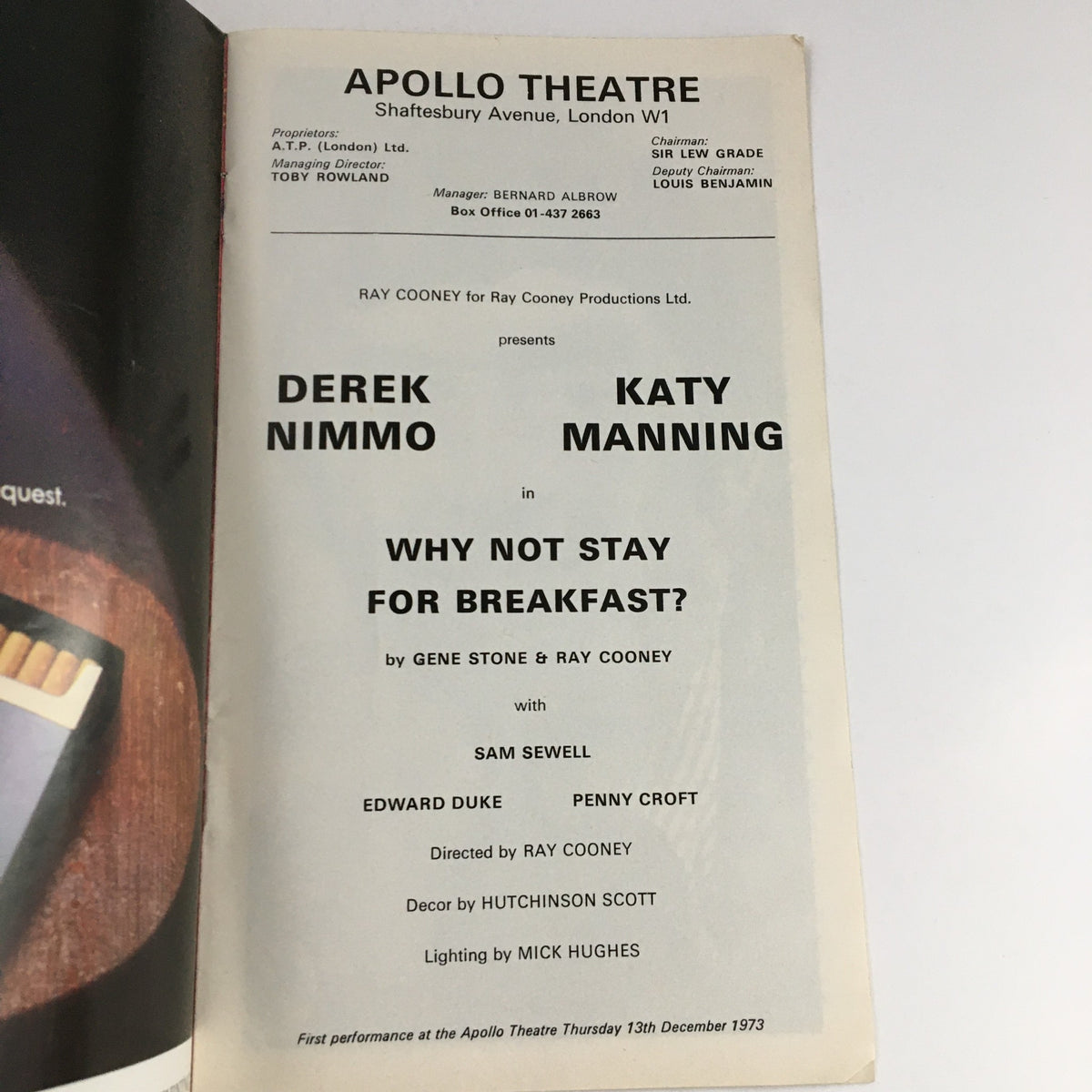 Inside page of the 1973 Apollo Theatre program for 'Why Not Stay For Breakfast?' featuring cast details with Derek Nimmo and Katy Manning, presented in a classic theater layout.