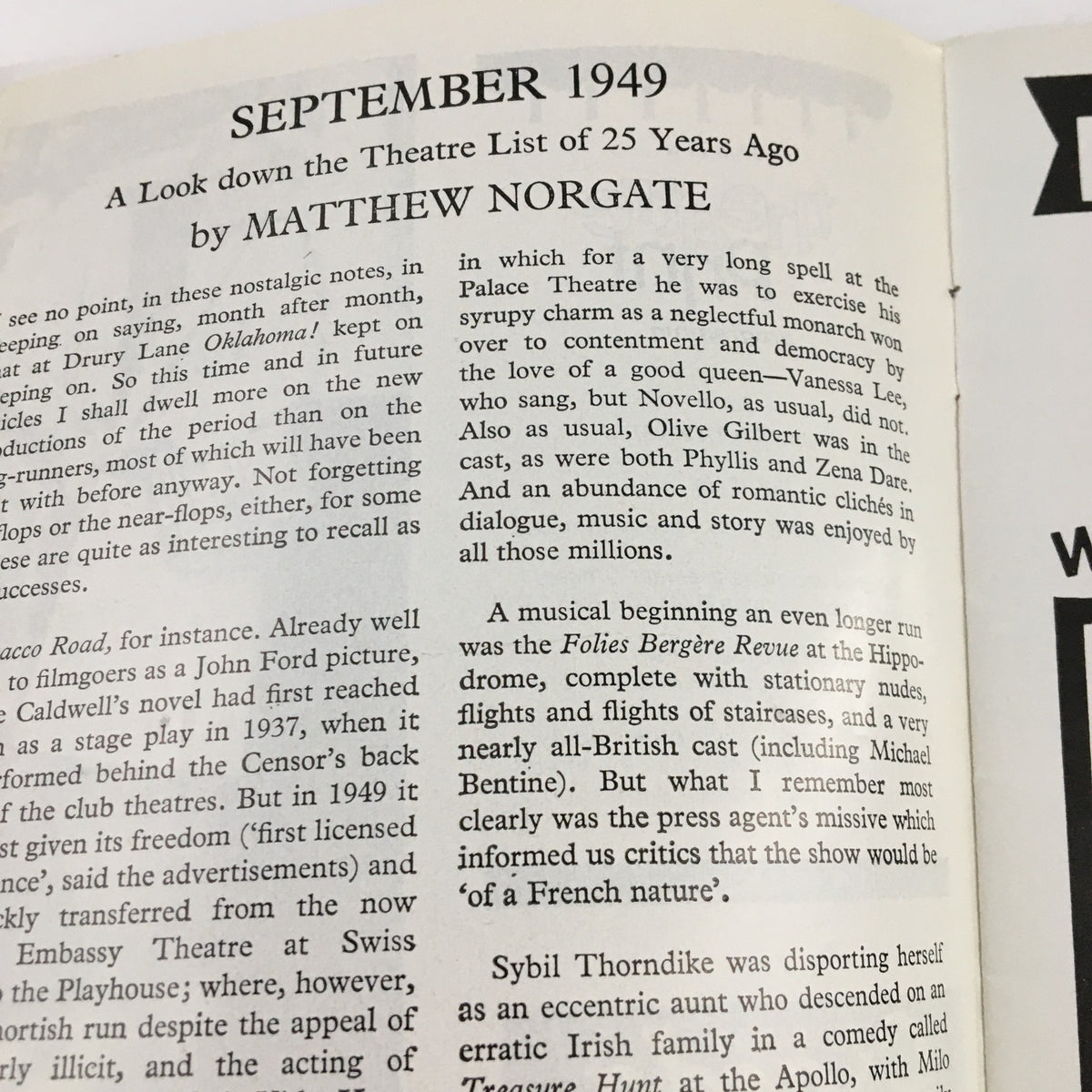 Article excerpt dated September 1949 discussing theater history and showcasing an advertisement for the Apollo Theatre, related to the play 'Why Not Stay For Breakfast?' by Gene Stone and Ray Cooney.