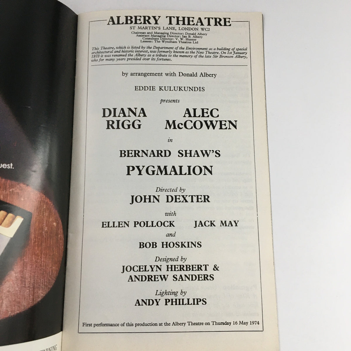 Inside page of the 1974 Alberty Theatre program for Bernard Shaw's Pygmalion, listing cast and crew details.