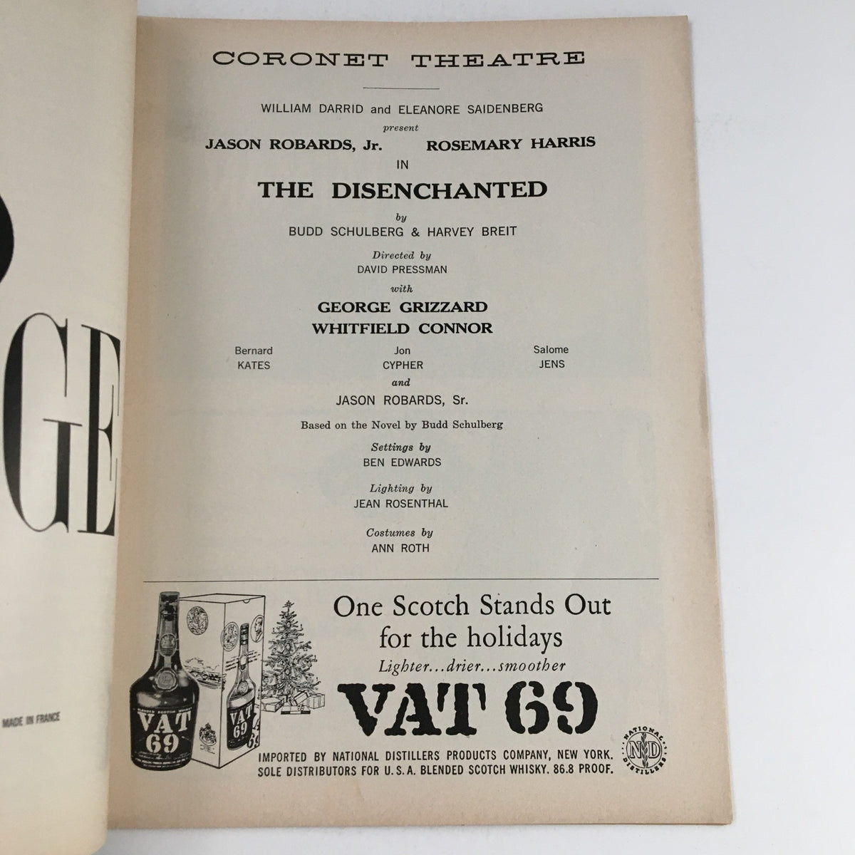 Interior page of the 1958 Playbill for The Disenchanted showcasing cast and production details from the Coronet Theatre.