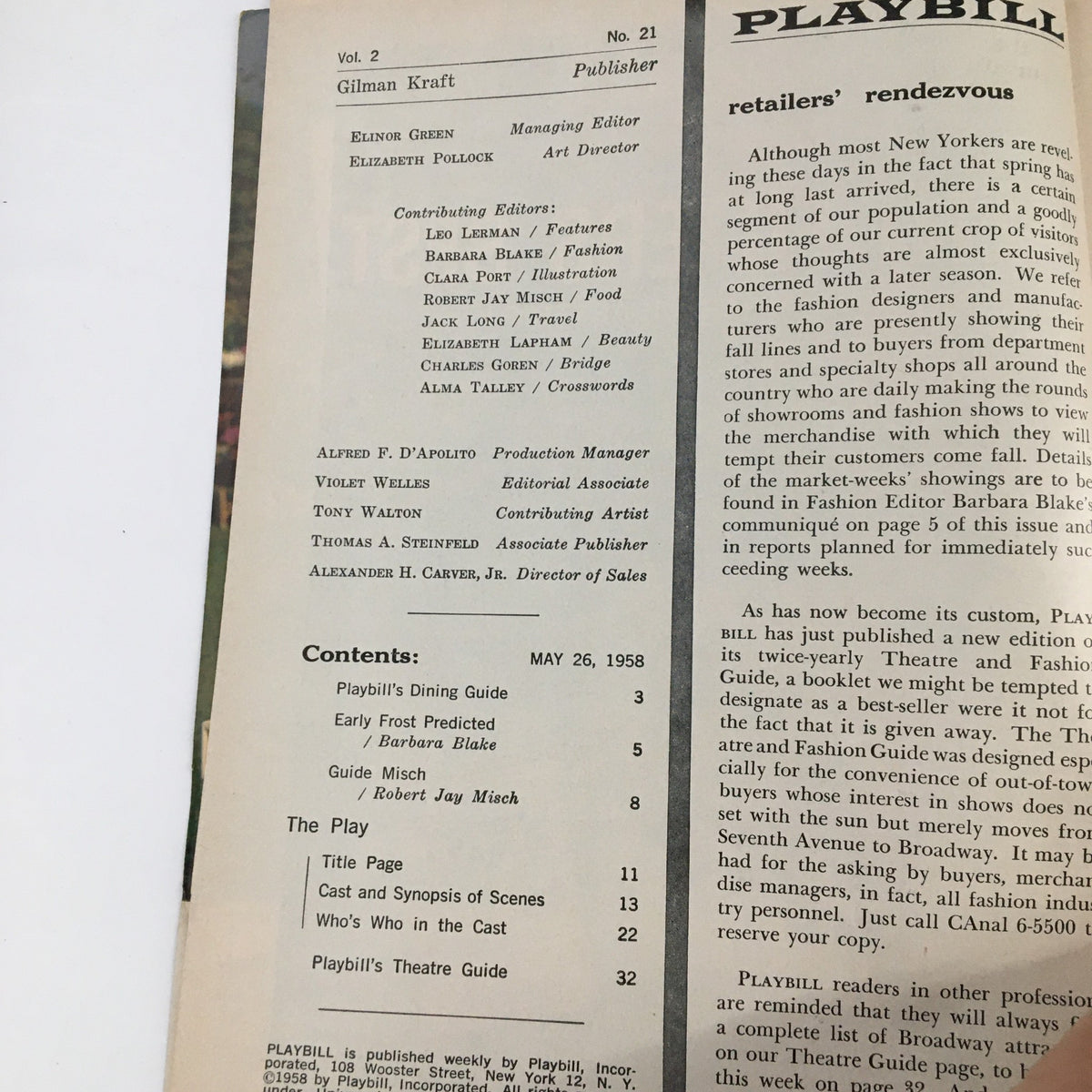Interior page of the 1958 Playbill for The Visit, showcasing details about the production and cast, published on May 26, 1958.