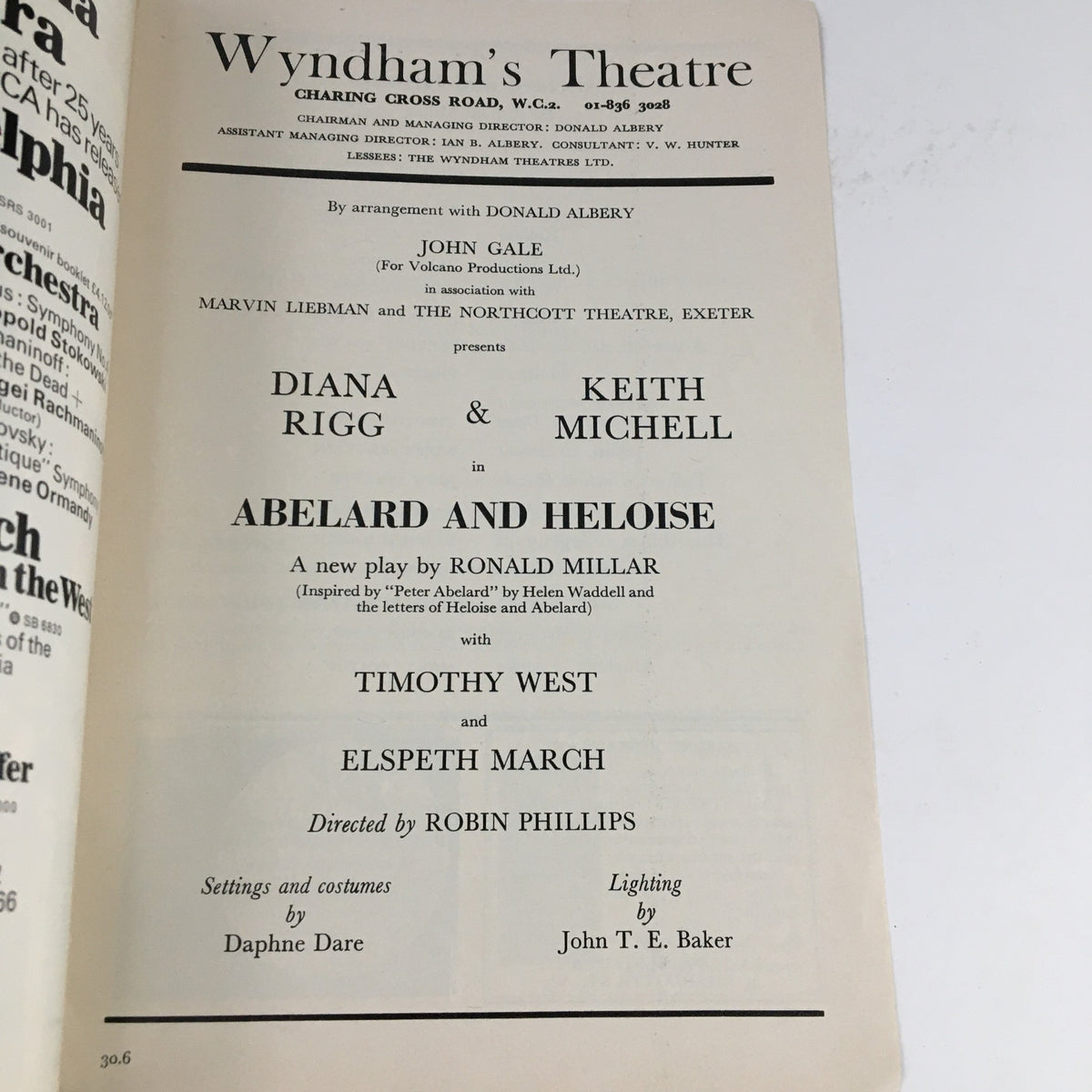 Inside page of the 1971 Playbill from Wyndham's Theatre, highlighting cast members including Diana Rigg and Keith Michell in the play Abelard & Heloise, directed by Robin Phillips.