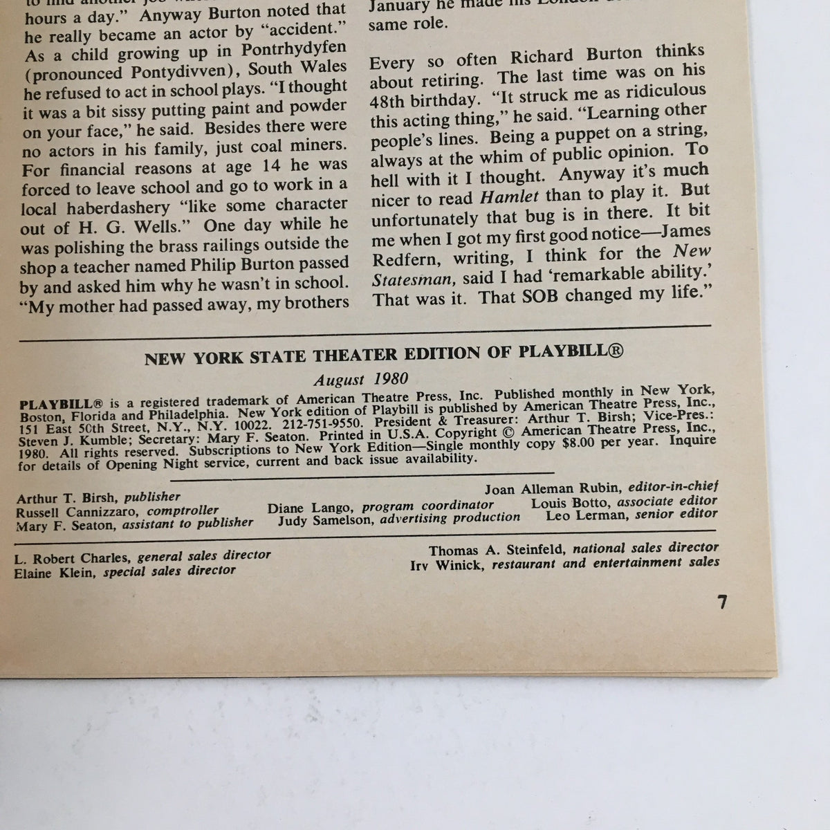 Inside page of a playbill for 'Summer At The State Theater' presenting Richard Burton in Lerner's Camelot, displaying cast details and credits.