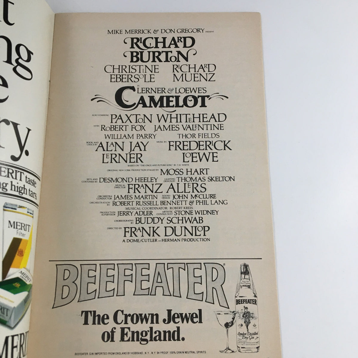 Another inside page of the playbill for 'Summer At The State Theater' with additional cast and crew information for Lerner's Camelot.