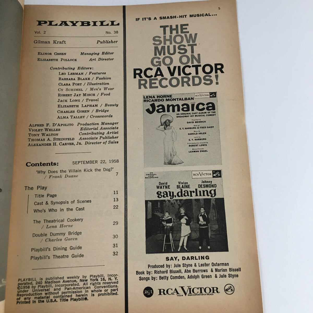 Interior page of the 1958 Playbill for 'The Dark At The Top Of The Stairs' featuring production details and advertisements.