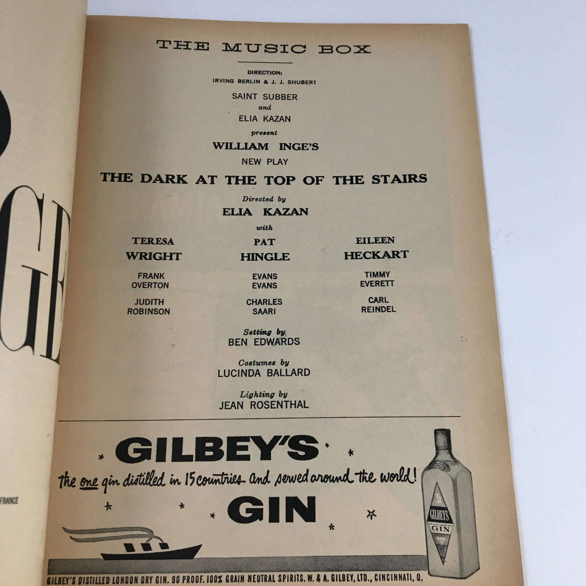 Another interior page of the 1958 Playbill for 'The Dark At The Top Of The Stairs' including cast and crew information.