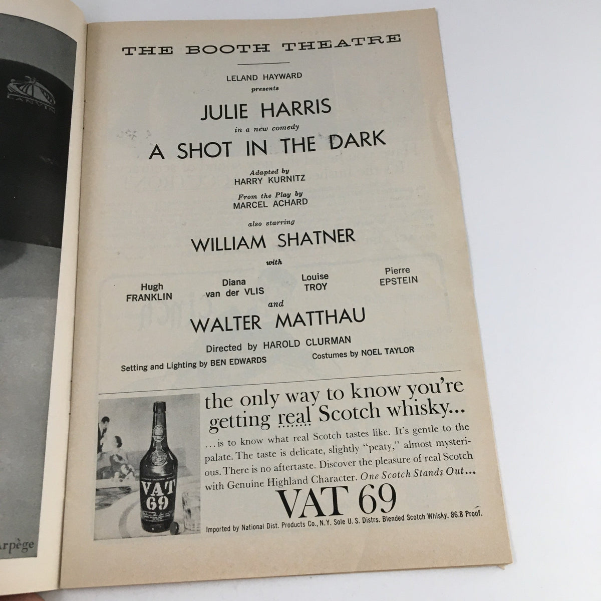Another interior page from the 1962 Playbill The Booth Theatre, highlighting Julie Harris and William Shatner in A Shot In The Dark, capturing the play's cast.