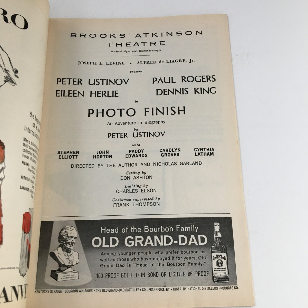 Another interior page of the 1963 Playbill for Photo Finish, detailing the cast and production team, including Peter Ustinov, capturing the essence of Broadway's rich history.