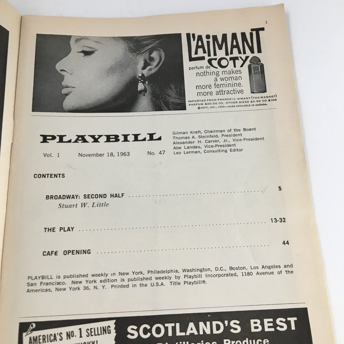 1963 Playbill for A Case of Libel, featuring an advertisement for Coty perfume and showcasing the contents table.