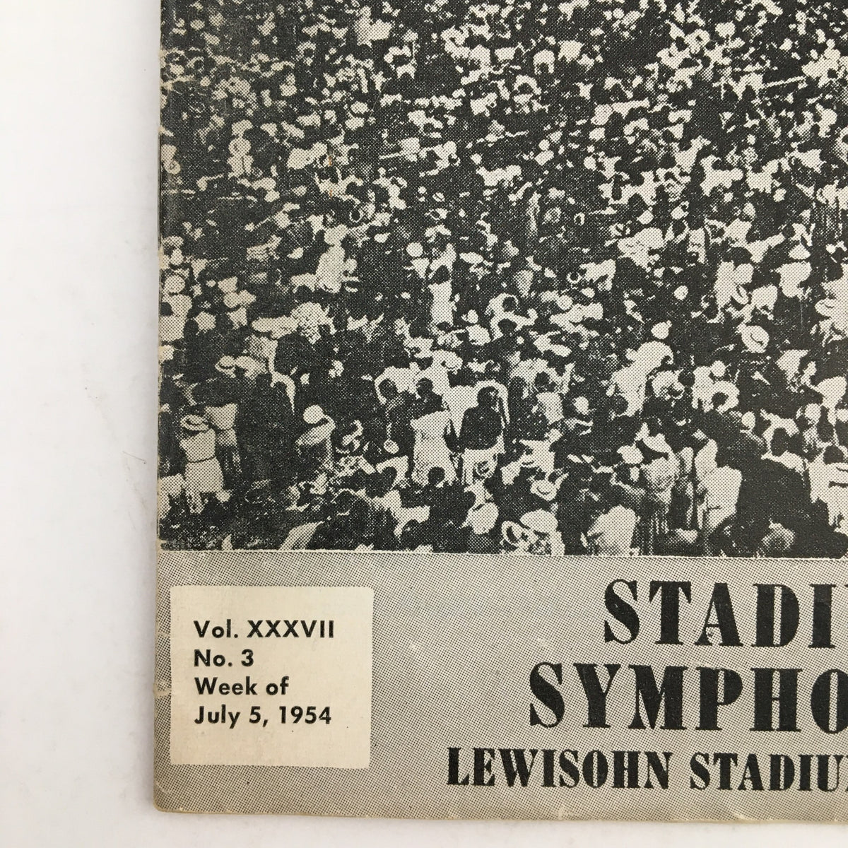 Detailed view of the 1954 Stadium Concerts Symphony Orchestra Review of The Three-Cornered Hat, displaying the publication details including volume, date, and concert title along with a crowded audience.
