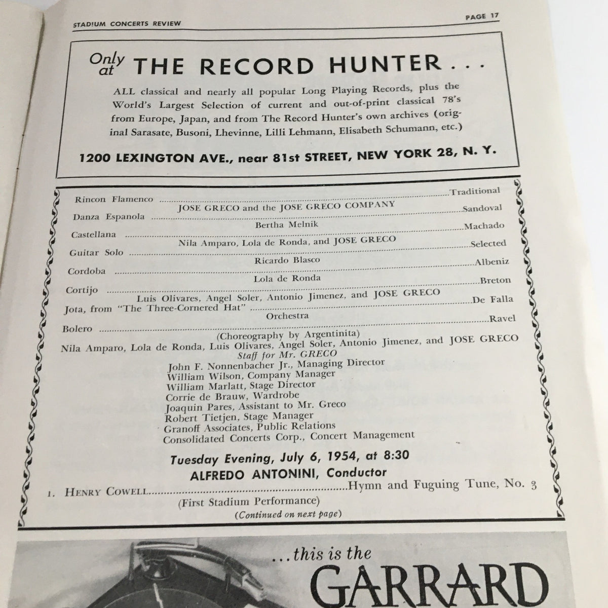 Vintage advertisement page from the 1954 Stadium Concerts Symphony Orchestra Review featuring The Three-Cornered Hat, highlighting classical music listings and conductor details.