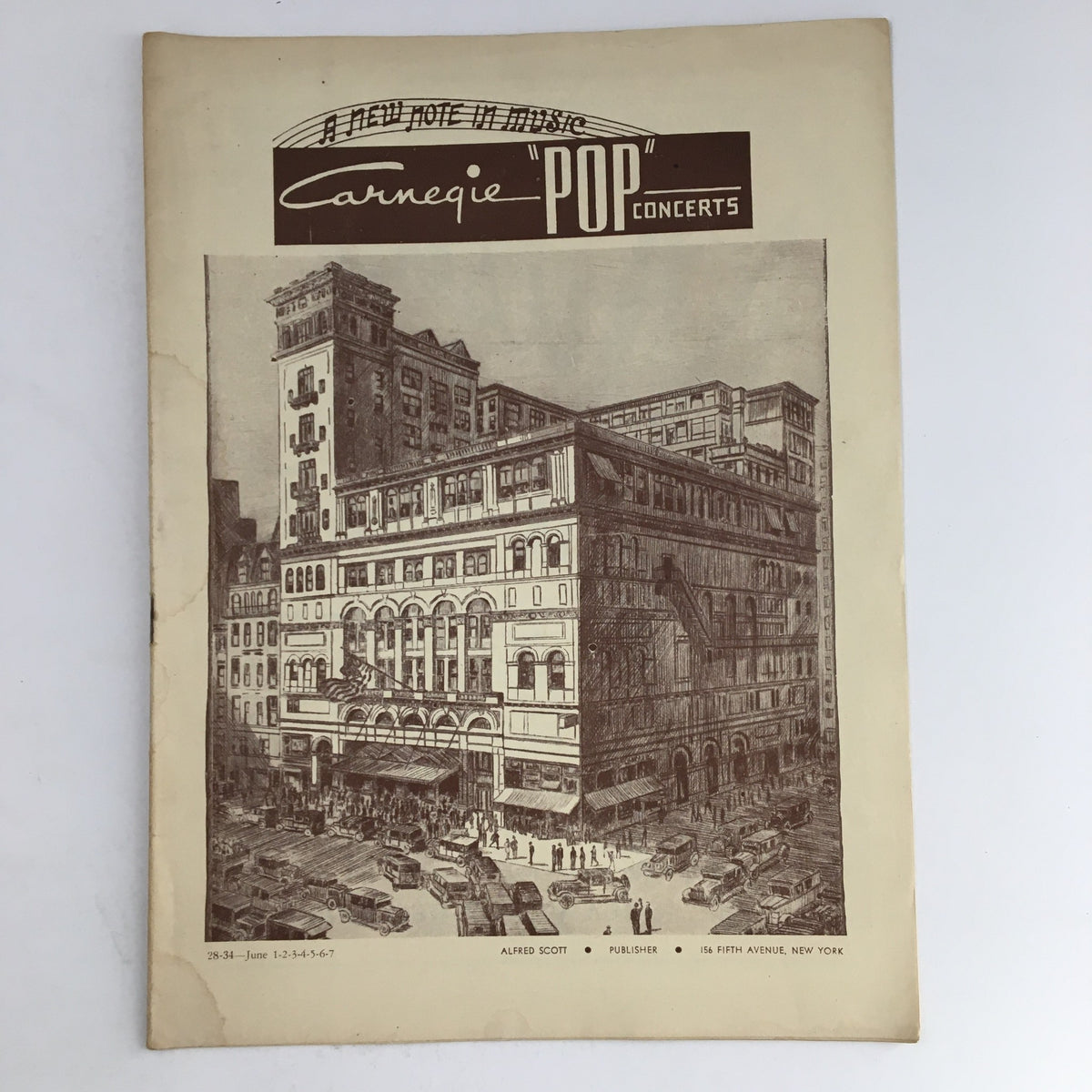 1946 Carnegie Pop Concerts Hall Program cover featuring an illustration of the Carnegie Hall building and event details, showcasing conductor Josef Bonime.