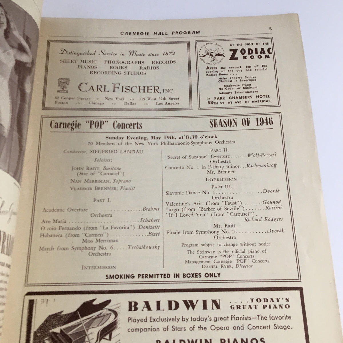 1946 Carnegie Pop Concerts Hall Program interior page showcasing concert details and composer information.