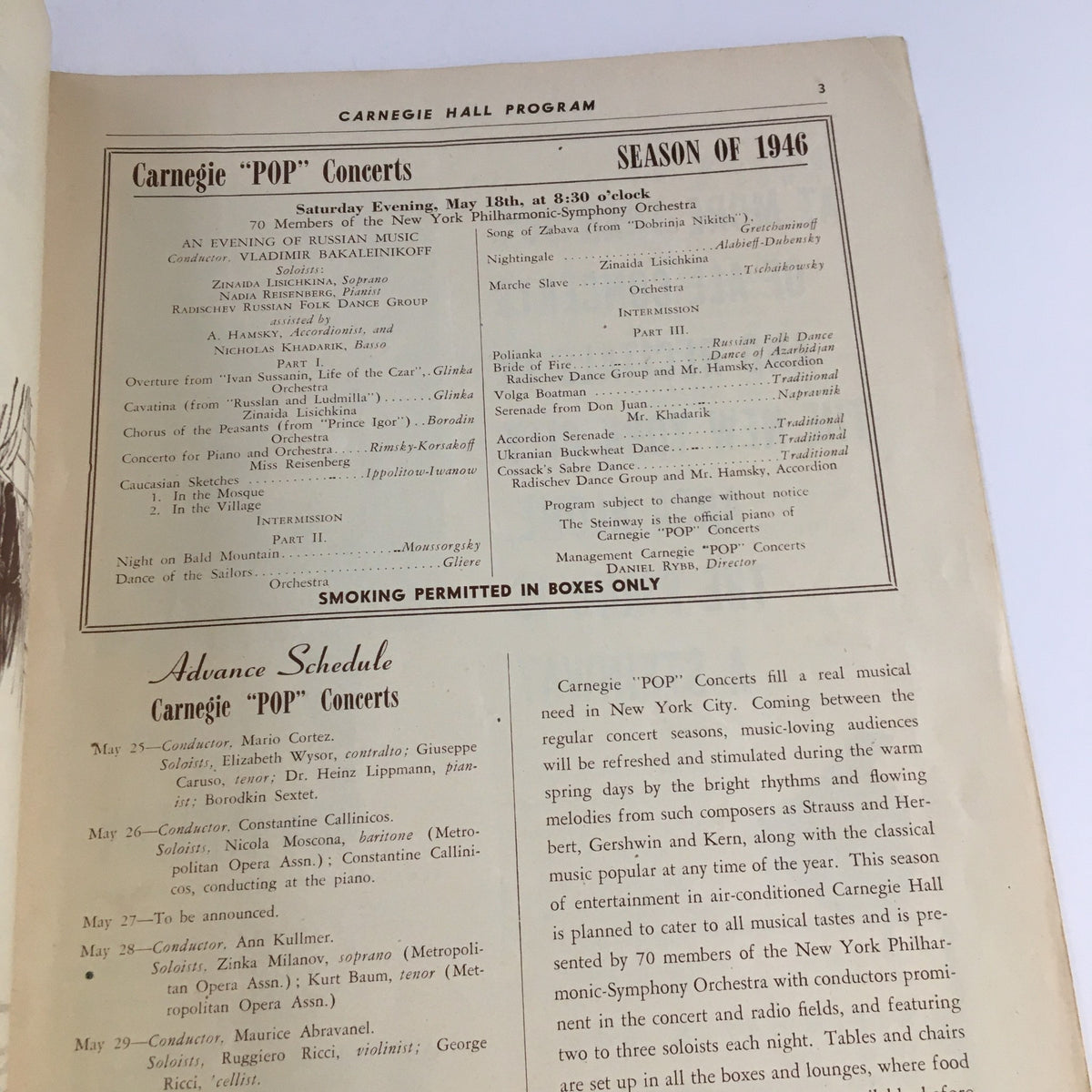 1946 Carnegie Pop Concerts Hall Program showcasing the concert schedule and performances of Russian music conducted by Vladimir Bakaleinikoff.