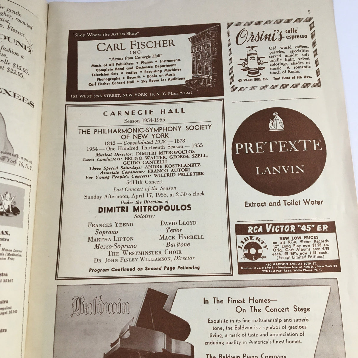 Page from the 1955 Carnegie Hall Philharmonic-Symphony Society listing events featuring conductor Dimitri Mitropoulos and advertisements for local businesses.