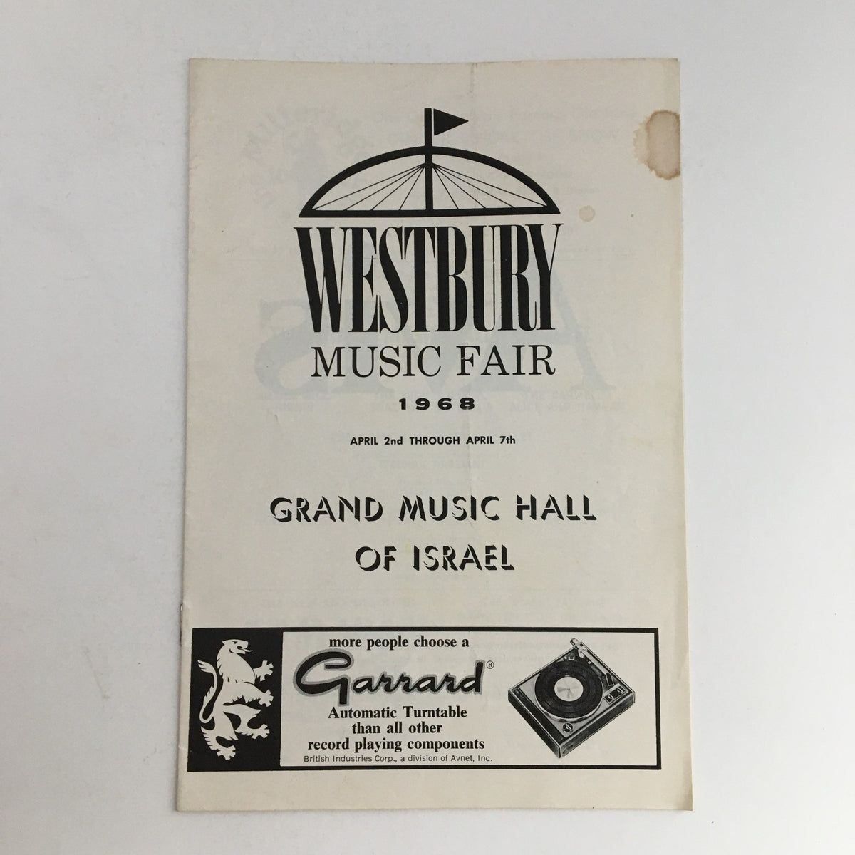 Cover of the 1968 Westbury Music Fair Grand Musical Hall of Israel by Jonathon Karmon featuring event details and promotional imagery.