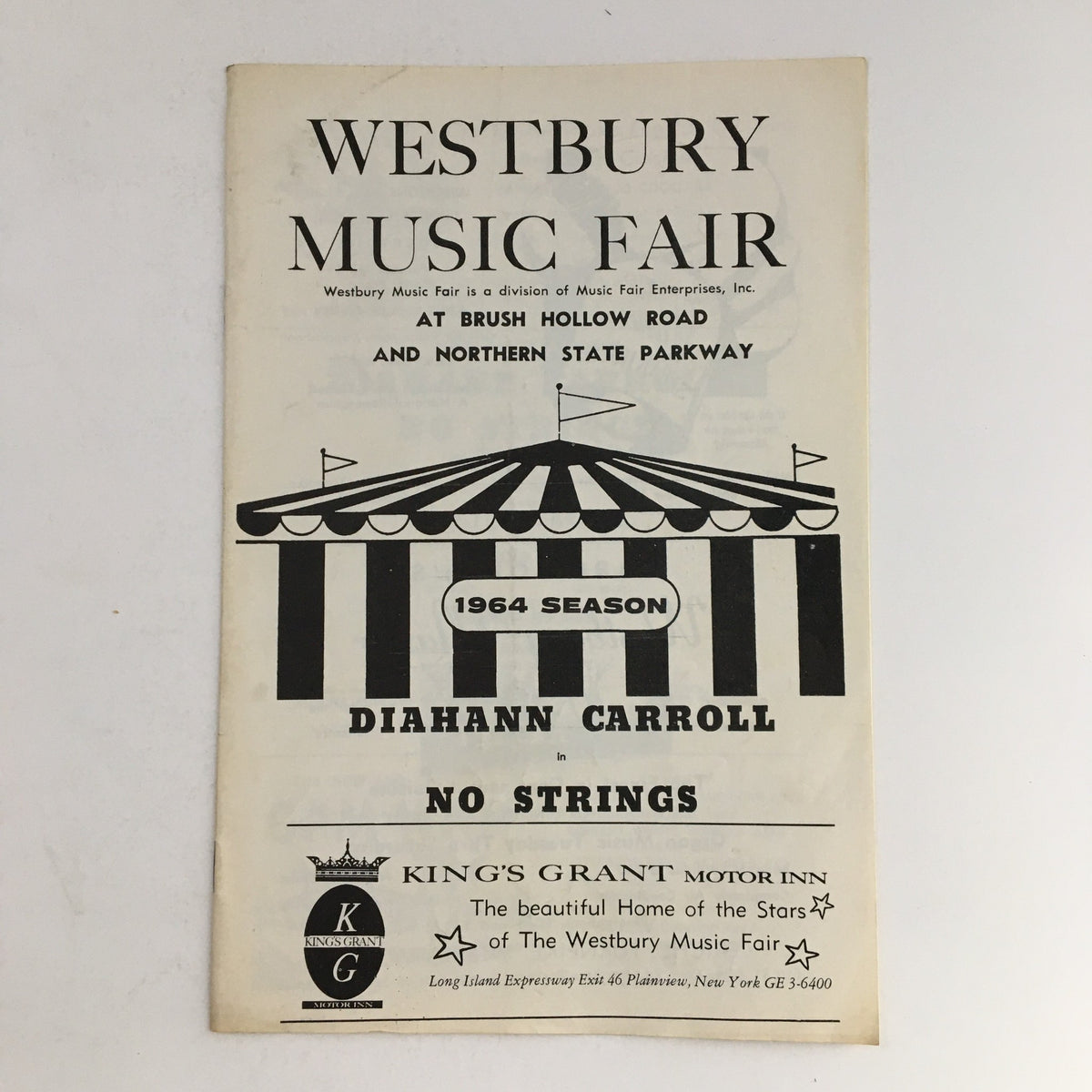 Cover of the 1964 Season Westbury Music Fair program featuring Diahann Carroll in No Strings, showcasing the event's branding and theater theme.