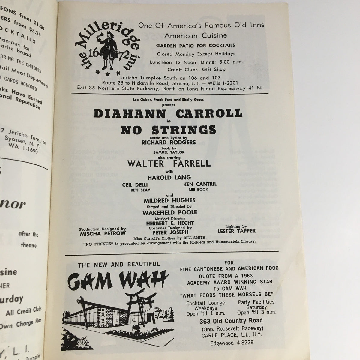 Inside page of the 1964 Season Westbury Music Fair program highlighting Diahann Carroll's performance in No Strings, listing credits and contributors to the production.