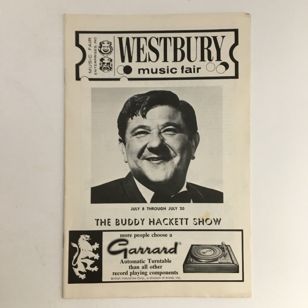 1971 Westbury Music Fair L. Gubber & Shelly Gross Present The Buddy Hackett Show promotional magazine cover featuring a smiling Buddy Hackett with music fair branding.