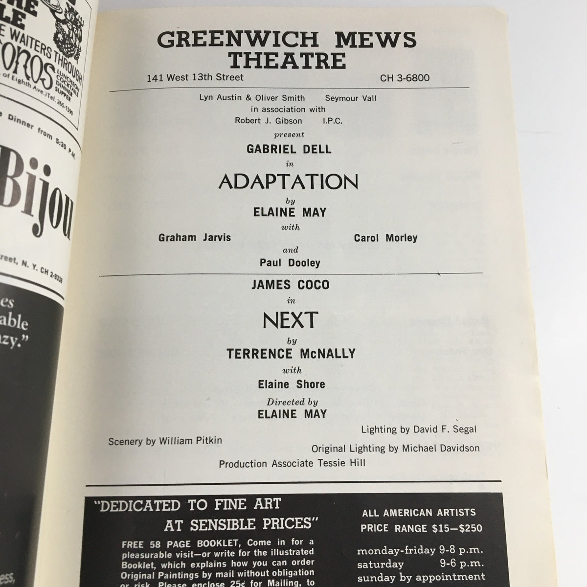 Interior page from the 1971 Greenwich Mews Theatre program detailing the production featuring Gabriel Dell in 'ADAPTATION' by Elaine May, with cast information and theatre details.