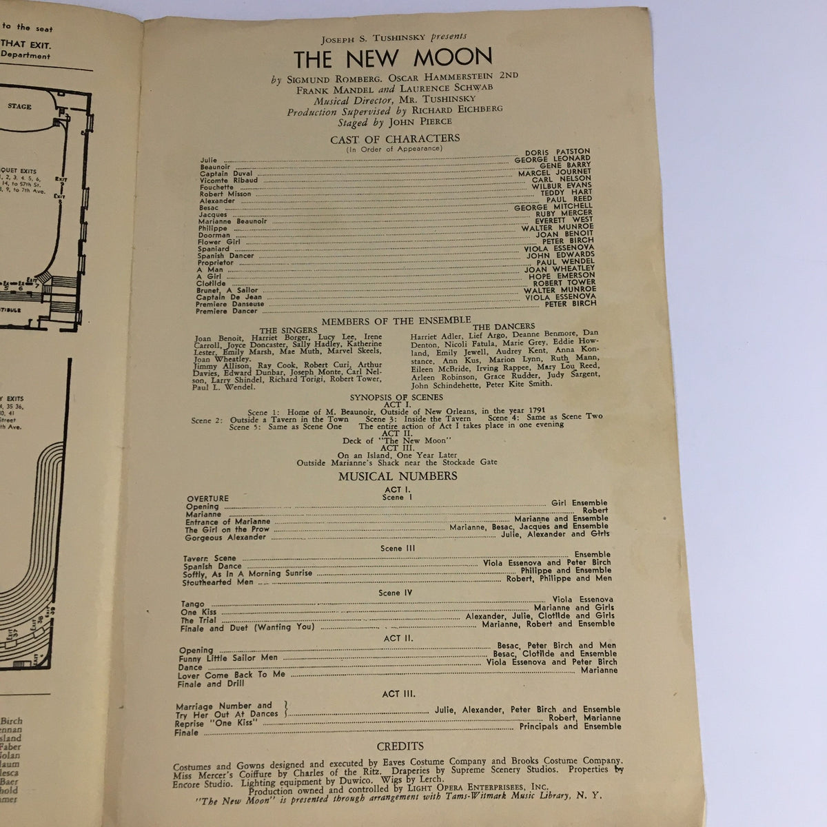 Inside page of the 1942 Festival of Famous Musical Comedies featuring the cast list of 'The New Moon' by Joseph T. Tushinsky, showcasing musical numbers and credits.