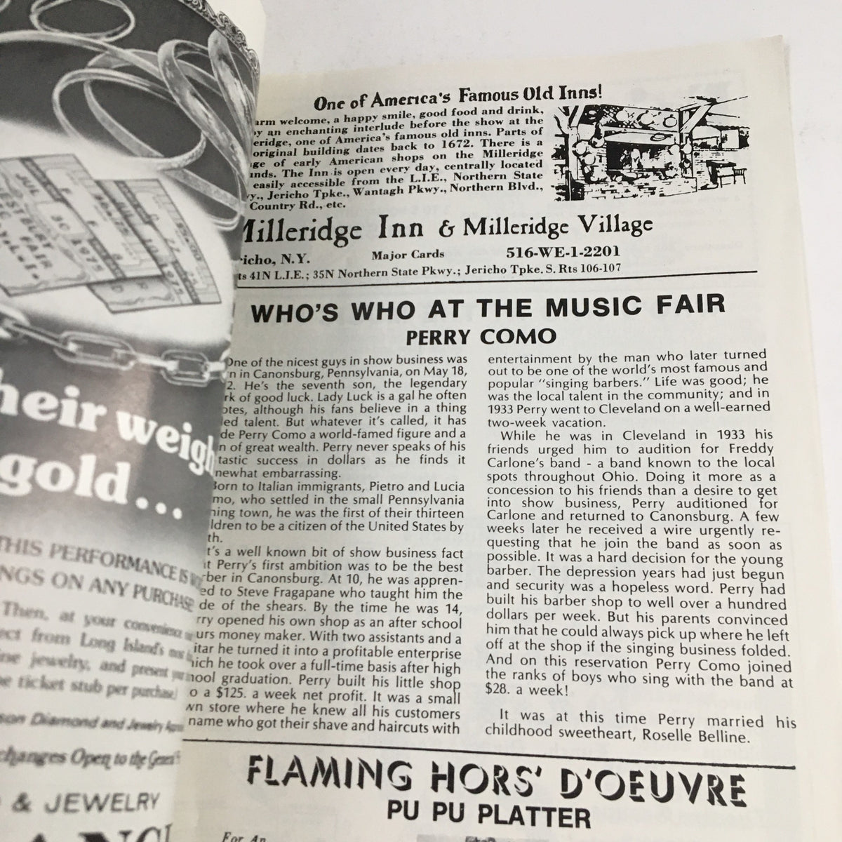 1978 Westbury Music Fair featuring Lee Guber & Shelly Gross presents Perry Como, showcasing an inside view of the program featuring event details and advertisements.
