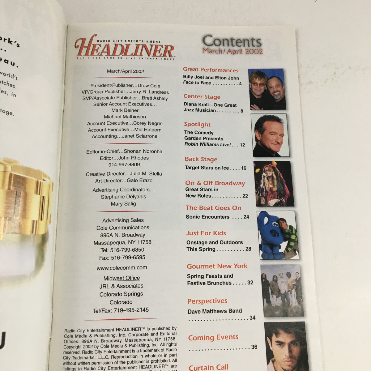 Contents page of the 2002 Radio City Entertainment Headliner magazine, detailing performances including Billy Joel and Elton John Face to Face, along with articles on other artists and events.