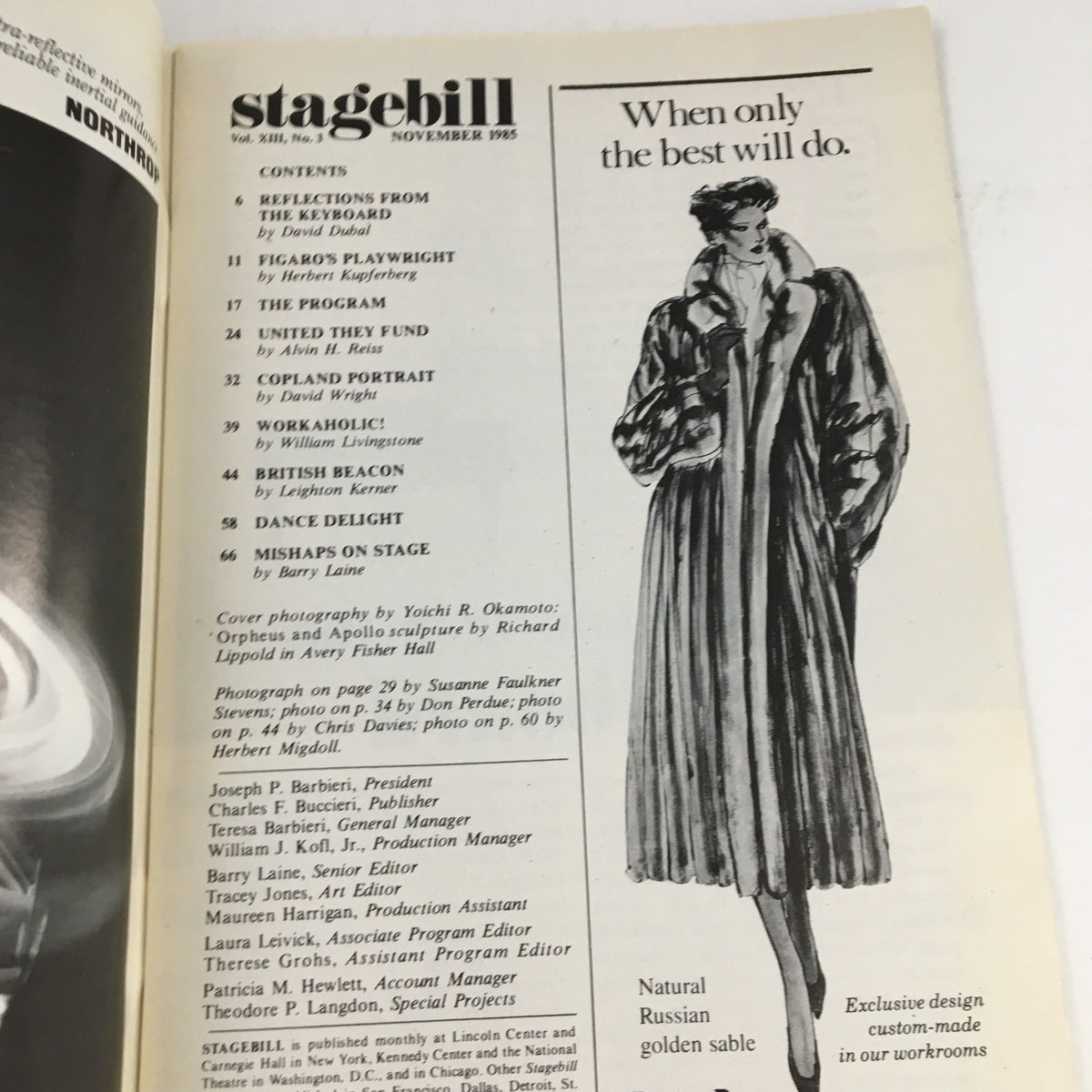 1985 Stagebill New York Philharmonic Present Reflections From The Keyboard with illustrated cover featuring a model in a stylish coat, highlighting the rich history of performing arts.