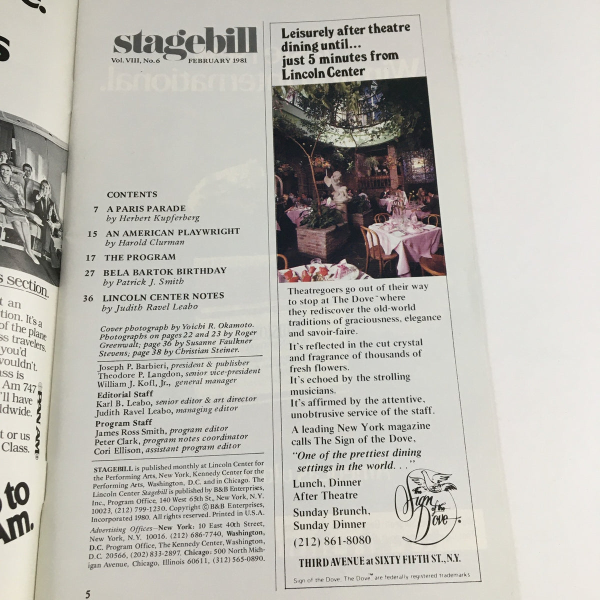 Interior page of the 1981 Stagebill Lincoln Center Present A Paris Parade & An American Playwright listing events and details, promoting nearby dining options.