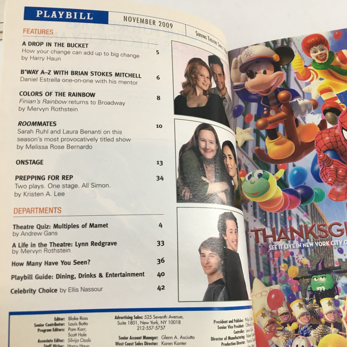 The inside pages of the 2009 Playbill for A Steady Rain showcasing various theater features and artistic elements from November 2009.