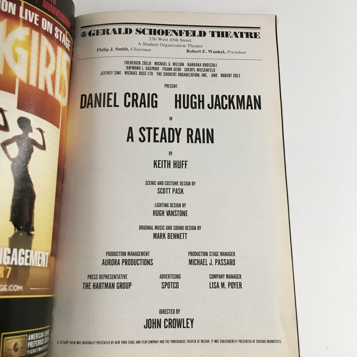 The credits page of the 2009 Playbill for A Steady Rain at the Gerald Schoenfeld Theatre, highlighting the creative team and cast including Daniel Craig and Hugh Jackman.