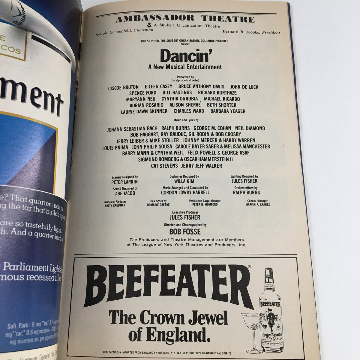Another interior page of the 1981 Playbill for Dancin' Musical displaying the cast and production details at Ambassador Theatre.