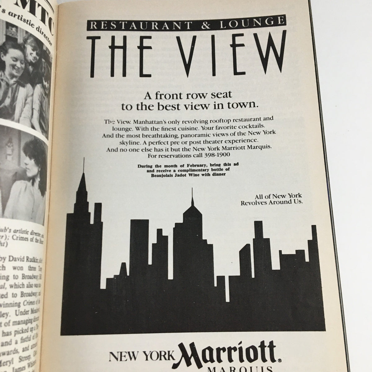 Interior page of the 1986 Playbill featuring an advertisement for The View restaurant and lounge, showcasing the New York skyline.