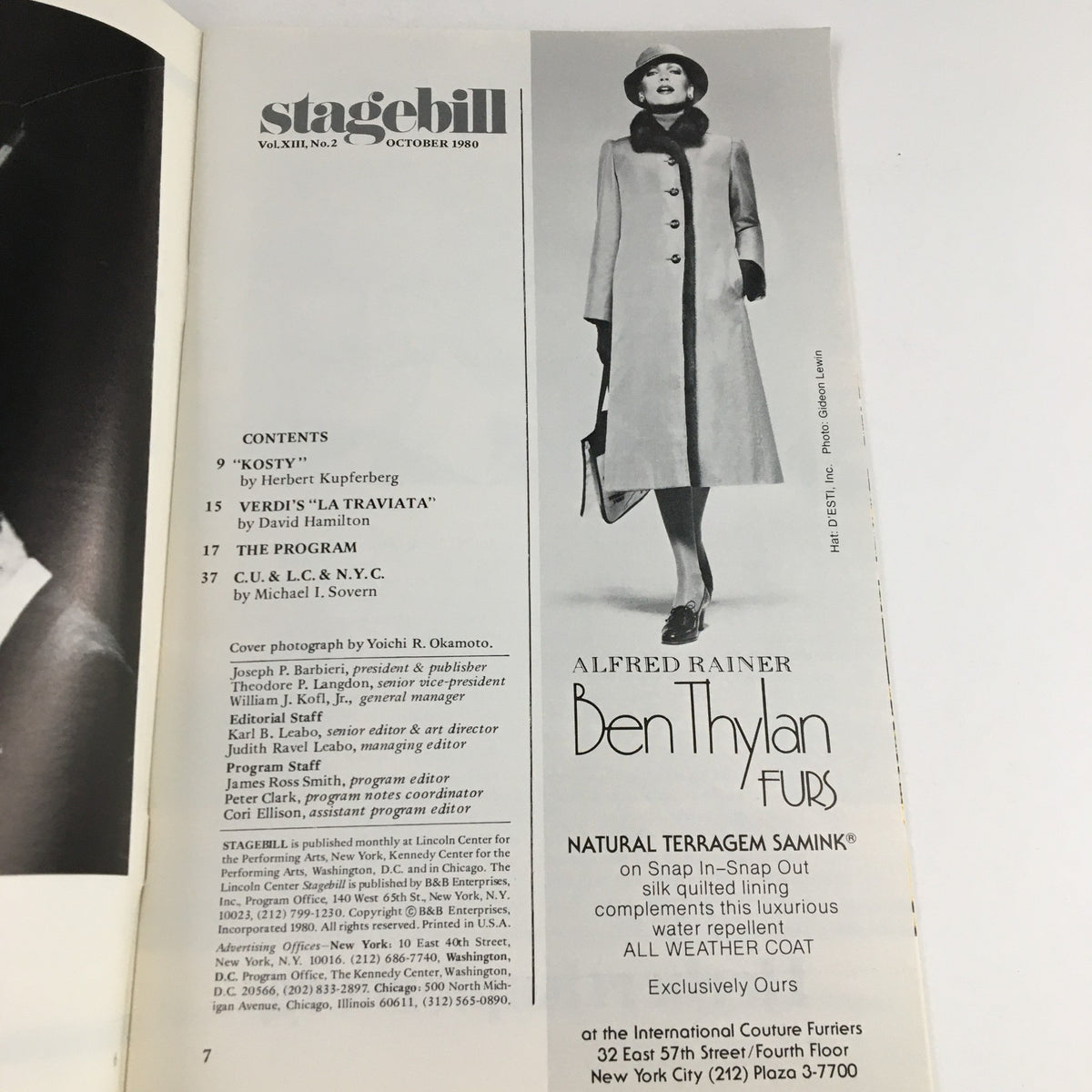 1980 Stagebill from Lincoln Center for the Performing Arts featuring the play 'KOSTY' by Henry Kupferberg, includes a section on Verdi's 'La Traviata' and advertisements for furs and couture clothing.